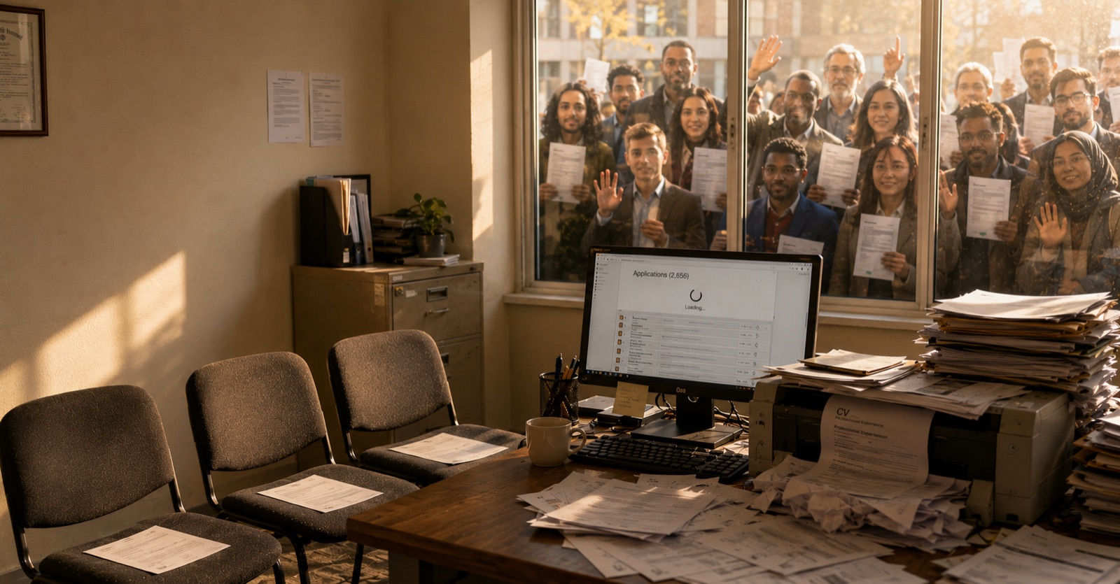 An office with three empty interview chairs and a monitor reading “Applications (2,856) — Loading”, while a crowd of candidates holding CVs presses against the window outside.