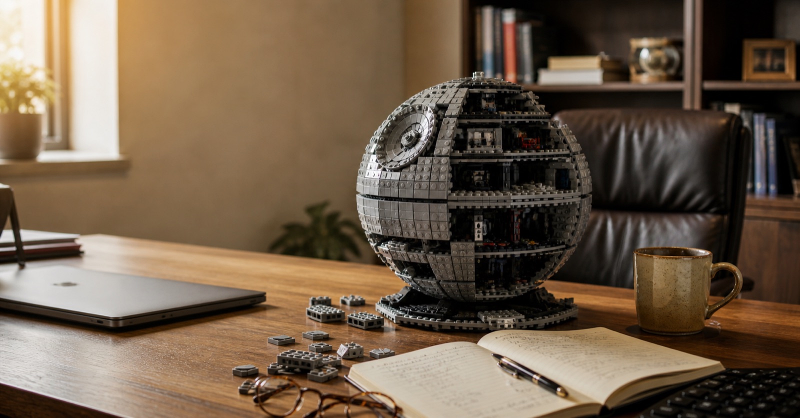 A fully assembled LEGO Death Star on an executive desk beside a closed laptop, a coffee mug, spare bricks and an open handwritten notebook.