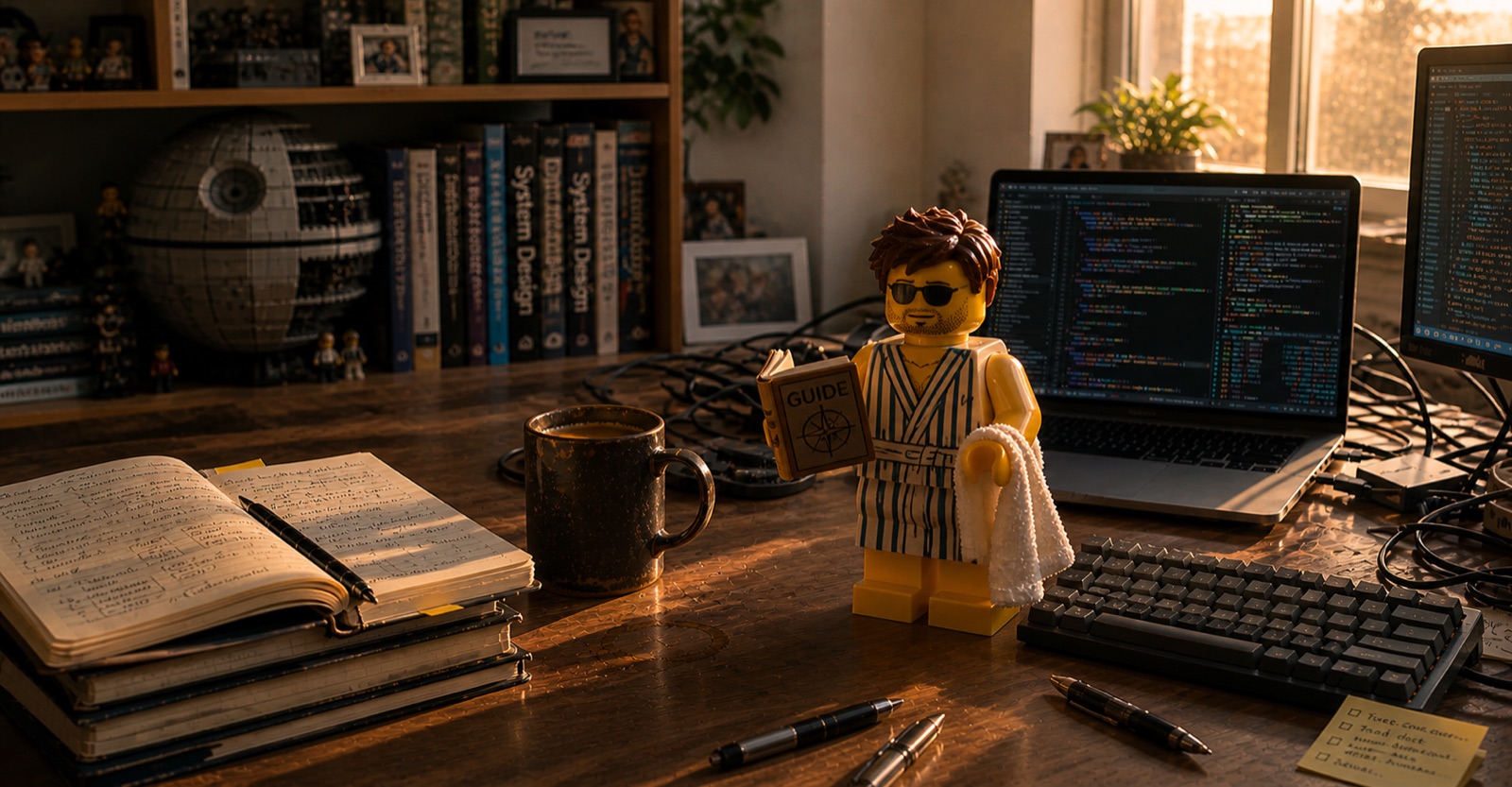A LEGO minifigure in a dressing gown and sunglasses holding a book marked GUIDE, standing on a desk between two screens of code, with a LEGO Death Star on the shelf behind.