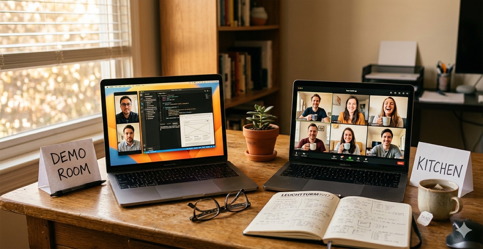 Two laptops on a desk — one labelled “Demo Room” showing a pair programming session, one labelled “Kitchen” showing a six-person video call of people holding mugs and laughing.