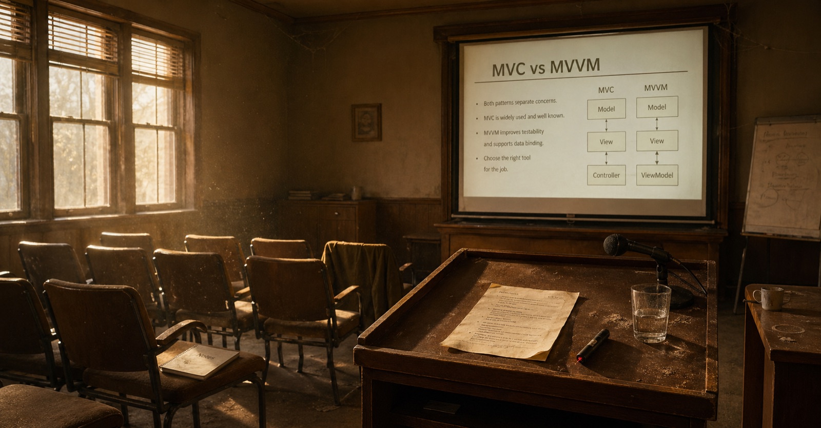 An empty, sunlit meeting room with rows of old chairs facing a projector screen headed “MVC vs MVVM”, comparing Model/View/Controller with Model/View/ViewModel.
