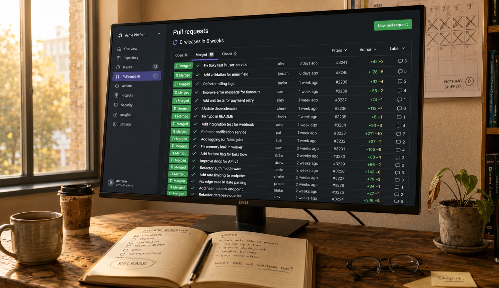 A monitor showing a pull request list — eighteen merged PRs and “0 releases in 6 weeks” — beside a handwritten release checklist, a wall chart reading “Nothing shipped 0”, and a sticky note saying “Ship it”.