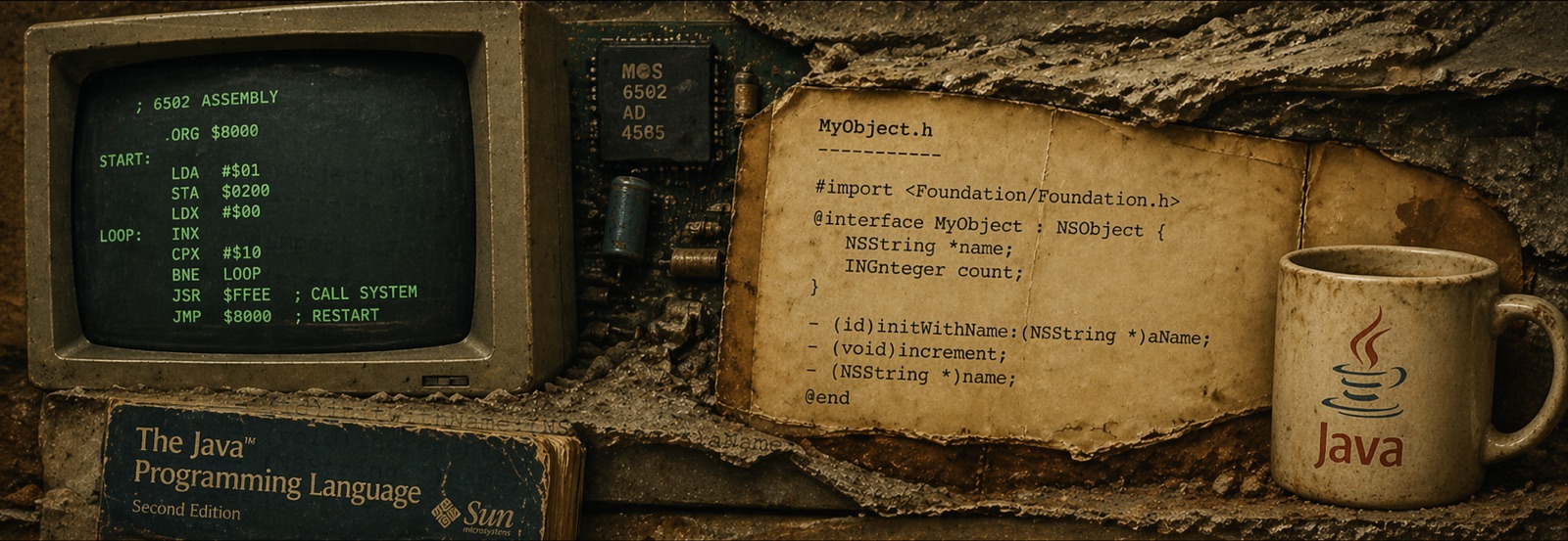 A CRT monitor showing 6502 assembly beside a MOS 6502 chip, a weathered page of Objective-C header code, a Java mug and a dusty copy of The Java Programming Language.