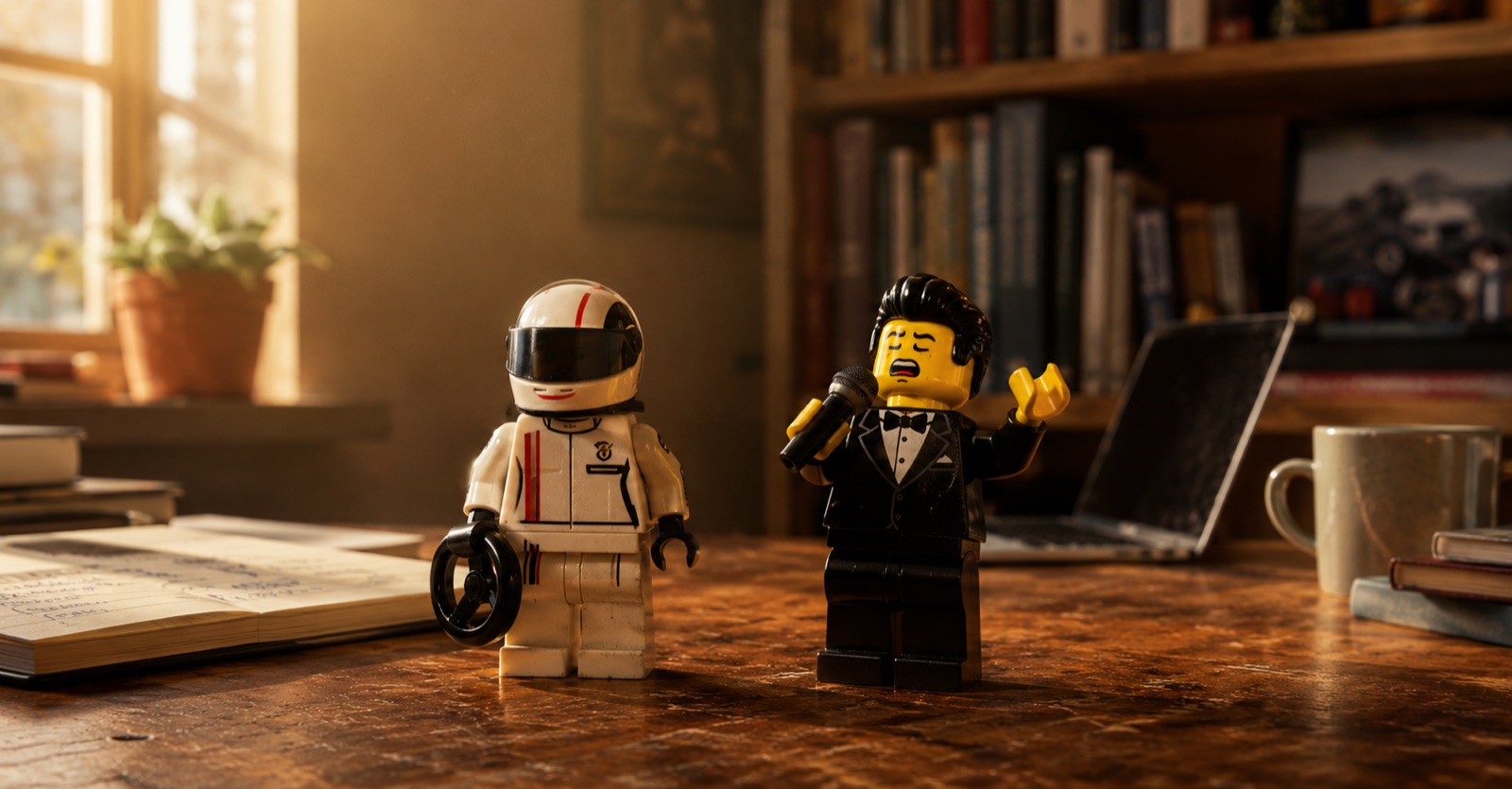 Two LEGO minifigures on a desk: a racing driver in a helmet holding a steering wheel, and a tuxedoed crooner singing into a microphone.