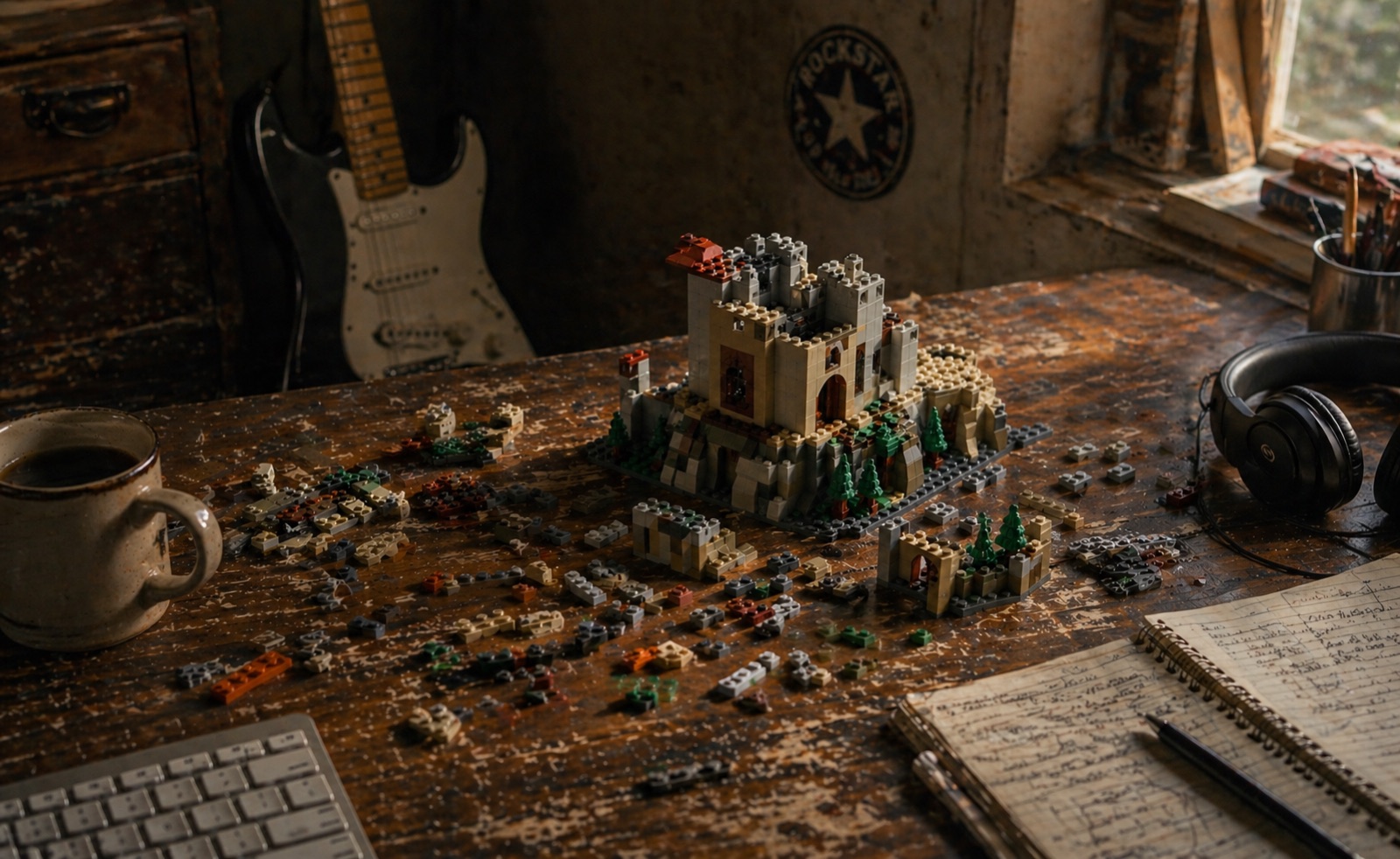 A half-built LEGO castle on a paint-spattered desk, surrounded by loose bricks, a coffee mug, headphones, an electric guitar and an open notebook.