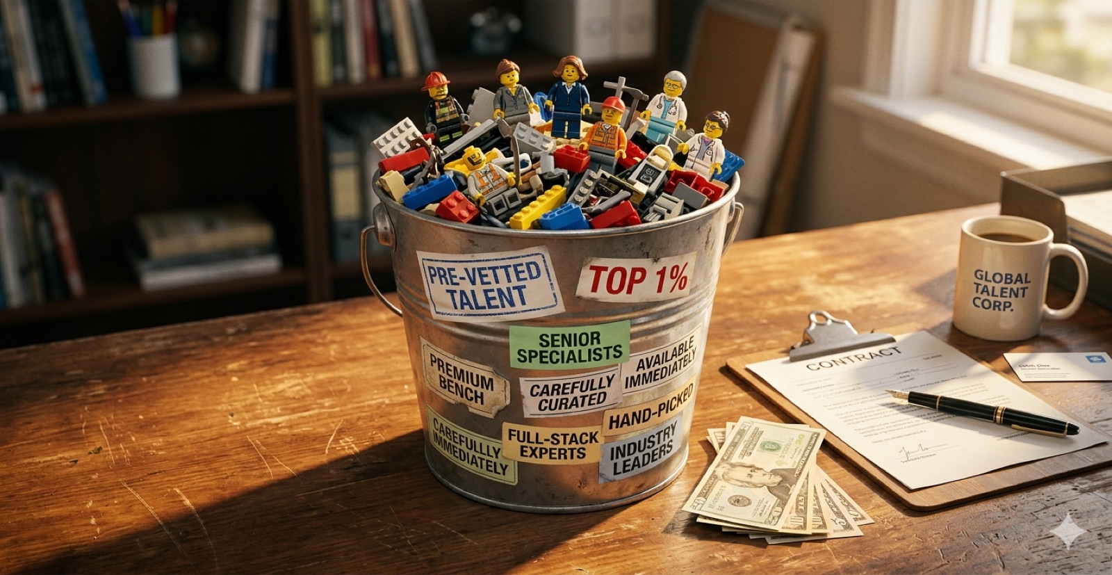A galvanised bucket crammed with LEGO minifigures and loose bricks, plastered with labels reading Pre-vetted talent, Top 1%, Senior specialists, Carefully curated and Hand-picked, beside a contract and a fan of banknotes.