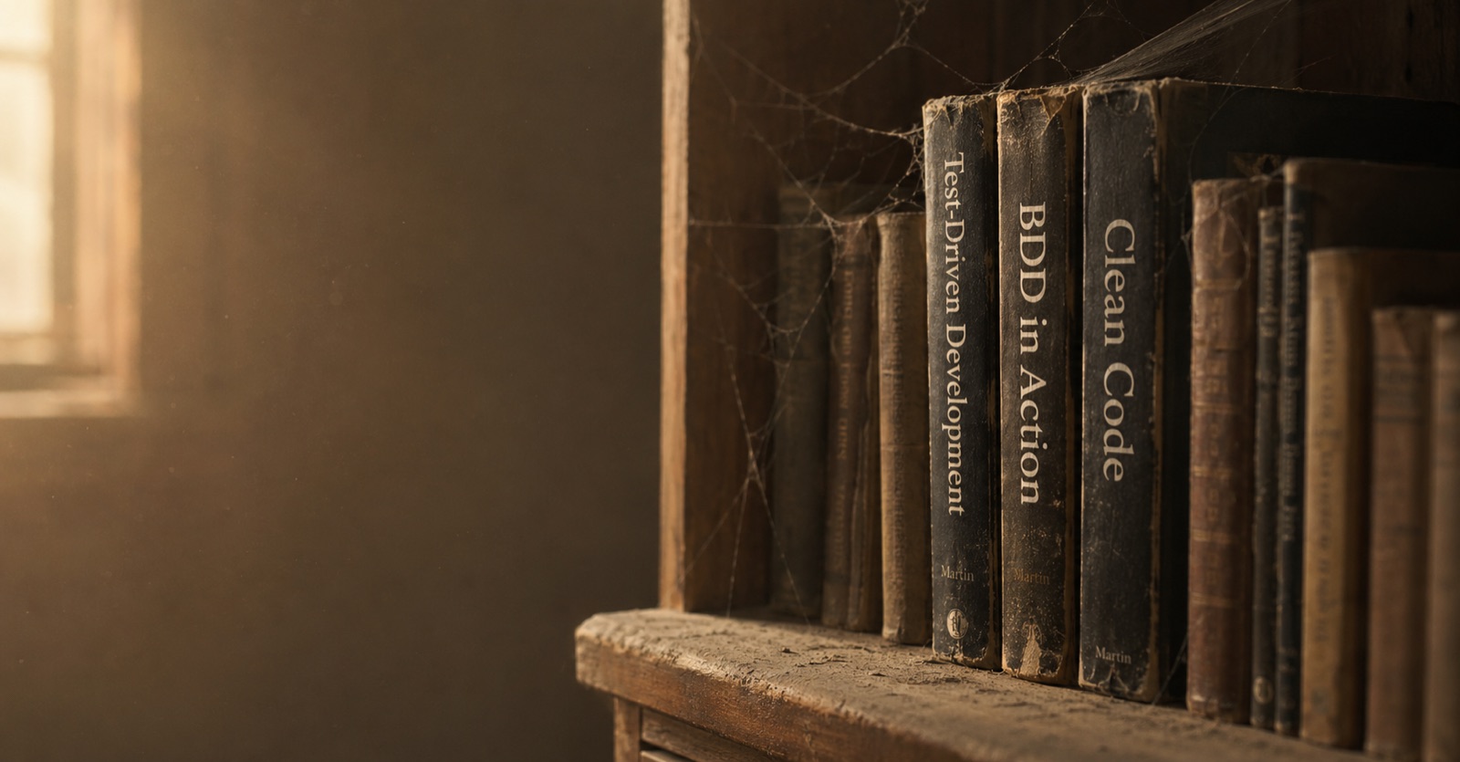 Cobwebbed books on a dusty shelf in low light, their spines reading Test-Driven Development, BDD in Action and Clean Code.